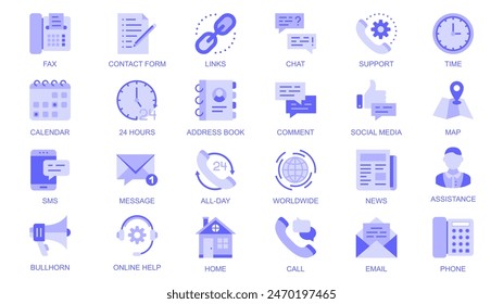 Contáctenos iconos web en diseño plano de duotono. Empaquetar pictogramas con fax, formulario de contrato, Enlaces, chat, Asistencia, calendario, libro de Dirección, comentario, redes sociales, llamada, sms, otros. Ilustración vectorial.