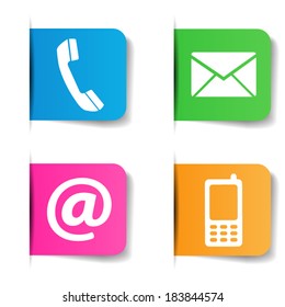 Contact Us web and Internet colorful icons and e-mail design symbols on paper with shadow effect. EPS 10 vector illustration isolated on white background.