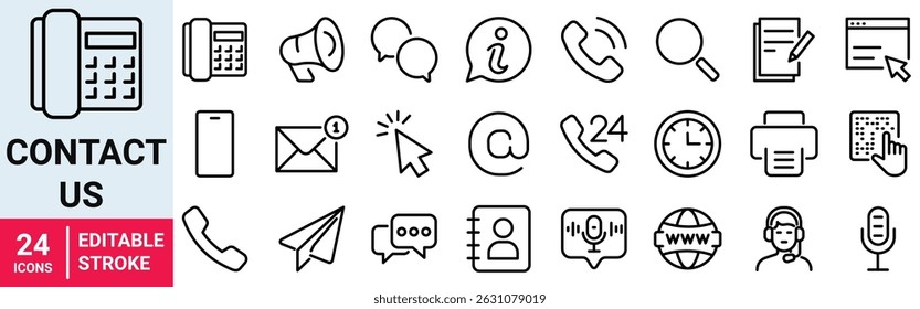 Contact us web line icon set. Support, message, phone, globe, point, chat, call, info. Collection of Outline Icons. Vector illustration.