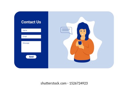 Contact us web page concept banner, poster, template. Client woman with phone Modern flat vector illustration design.