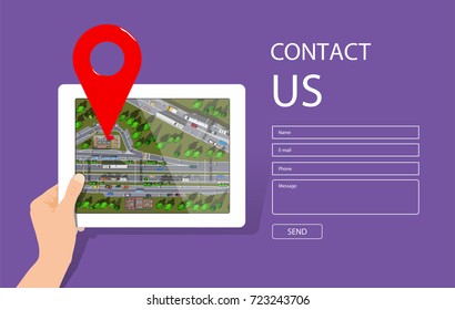 Contact us web page design with city map on white digital tablet screen