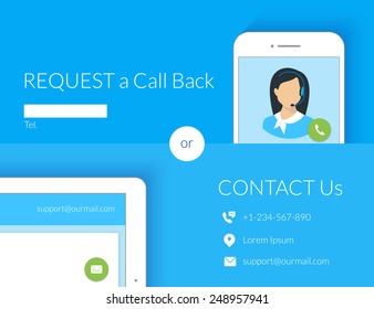 Contact us webform design with call center operator, smartphone and tablet pc. Text is outlined. Free font Lato