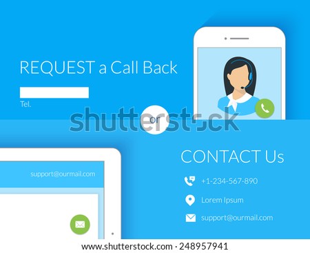 Contact us webform design with call center operator, smartphone and tablet pc. Text is outlined. Free font Lato