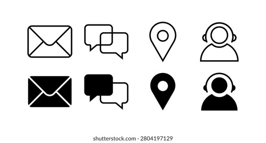 Contact Us website icon collection featuring essential communication and navigation symbols for customer support, business websites, applications, user interfaces and editable vector graphics