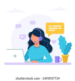 Contact us. Woman with headphones and microphone with computer. Concept illustration for support, assistance, call center. Vector illustration in flat style