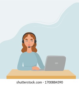 Contact us. Woman with headphones and microphone with computer. Concept illustration for support, assistance, call center. Vector illustration in flat style