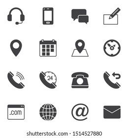 Contact vector icons set, solid symbol collection, filled style pictogram pack. Signs, logo illustration. Set includes icons as support headset, telephone call, calendar, email envelope, location pin