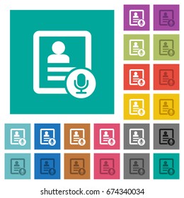 Contact voice calling recording multi colored flat icons on plain square backgrounds. Included white and darker icon variations for hover or active effects.