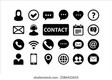 Contact web icon set. contact us icons , chat, message, envelope, mail, phone, call, telephone, world, globe, location, profile, user, website icon for contact icons