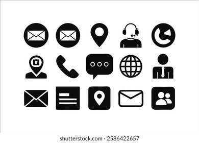 Contact web icon set. contact us icons , chat, message, envelope, mail, phone, call, telephone, world, globe, location, profile, user, website icon for contact icons