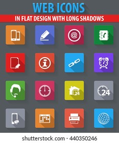 Contact web icons in flat design with long shadows