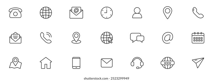 Conjunto de ícones de contato e da Web. Ícones de contato comercial. Símbolos isolados de comunicação. Telefone, email, site e endereço. Ícones editáveis de linha de traçado. Ilustração vetorial.