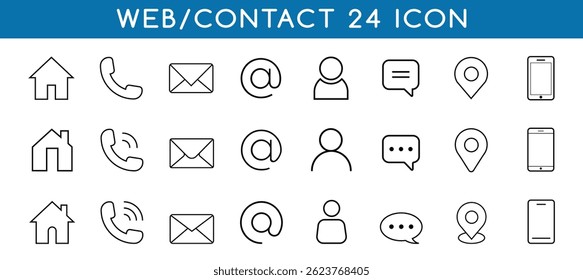 Conjunto de ícones de contato e da Web. Símbolos de contato, conexão e localização. Conjunto de ícones de comunicação.	