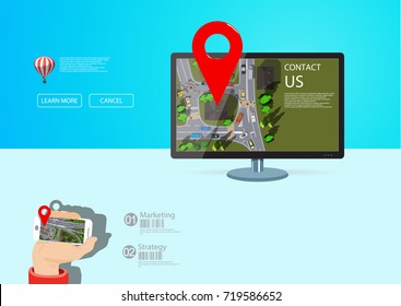 Contact web page design with computer display and city map and hand holding mobile phone with city map