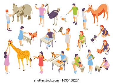 Contact zoo contact farm zoocafe isometric icon set with man and pet in cafe girl feed giraffe touch animals vector illustration