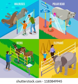 Contact zoo isometric 2x2 design concept with images of polar and tropical animals with no cages vector illustration