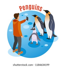 Contact zoo isometric background with penguin family and human character making photo of them on smartphone vector illustration