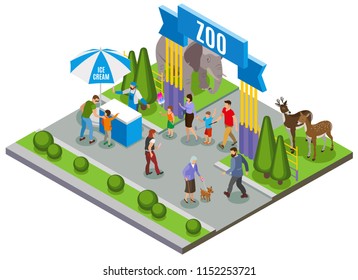 Contact zoo isometric composition with outdoor view of main entrance gate of zoo with ice cream vector illustration