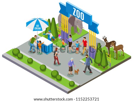 Contact zoo isometric composition with outdoor view of main entrance gate of zoo with ice cream vector illustration