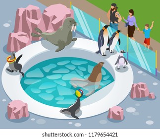 Contact zoo isometric composition with penguin custom made lake and people behind the glossy separating barrier vector illustration