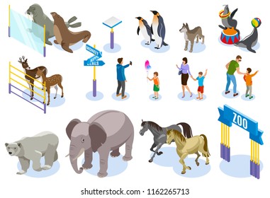 Contact zoo isometric icons collection of animals human characters of adult people and children with shadows vector illustration