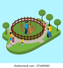 Contact zoo with people and lemurs on blue background isometric vector illustration 