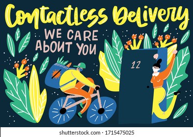 Contactlees delivery vector illustration. Courier on bicycle delivers an order. People in medical masks keep social distance to protect form covid-19 or coronavirus. Self isolation lifestyle