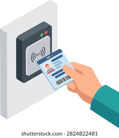 Contactless access control using id card and nfc reader. A hand holds an identification card against an NFC reader on a wall to gain entry to a secure facility. Ideal for corporate security and office access tutorials.