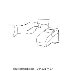 Contactless bank card, credit card in payment terminal machine one line art. Continuous line drawing of bank, money, finance, financial, payment, data, savings, economic, wealth, credit