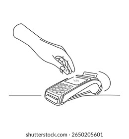 Contactless bank card, credit card in payment terminal, Credit Card Machine one line art. Continuous line drawing of bank, money, finance, financial, payment, data, savings, economic, wealth, credit.