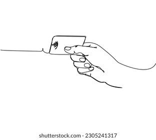Contactless bank card in hand, credit card, fare card one line art. Continuous line drawing of bank, money, finance, financial, payment, data, savings, economic, wealth, credit