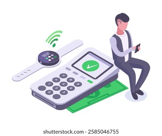 Contactless banking payment. Isometric contactless payment concept, electronic payment, online banking transaction with smartphone 3d vector illustration. Mobile terminal payment