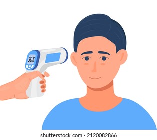 Contactless body temperature check is required. Non-contact thermometer in hand. Man is wearing mask on the face. Coronavirus prevention and control vector isolated on white background.
