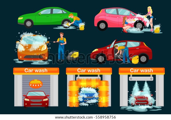 contactless car washing\
services, bikini model girl cleaning auto with soap and water,\
vehicle interior vacuum cleaner, isolated man drying automobile\
vector\
illustration