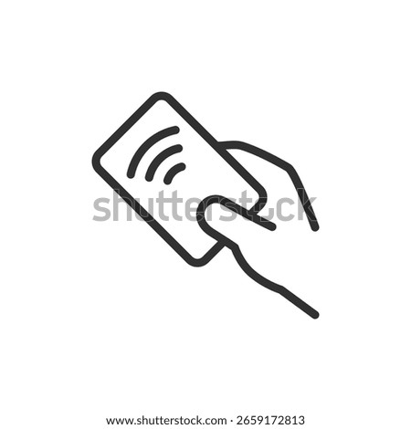 Contactless card in hand, linear icon. Tap-to-pay and wireless payment. Line with editable stroke.