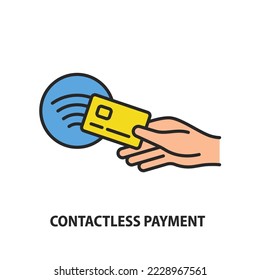 Contactless card payment line icon. Wireless NFC pay sign. The hand holding the card pays contactless at the terminal with NFC technology. Vector illustration.
