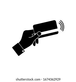 Contactless card payment system. POS, NSF technology, non-cash payment, card payment, icons in white on an isolated black background. EPS 10 vector.