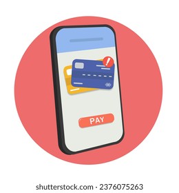 Contactless cashless payment with credit card on mobile phone. paying problem fail or reject on screen. vector illustration.
