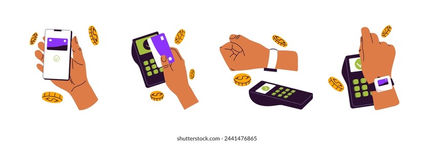 Contactless cashless payment machine set. Hands with credit cards, mobile phone, smart watches to pay. POS terminal, NFC technology, coin signs. Flat isolated vector illustration on white background