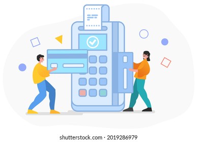 Contactless, cashless payment, pay with credit card. Two people stand near big POS terminal. Modern vector illustration