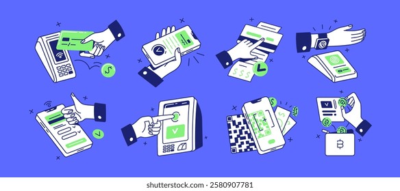 Contactless cashless payment set. Hands with credit card, mobile phone, smart watches pay by pos, scan QR, transfer digital money. NFC technology concept. Flat isolated outline vector illustrations