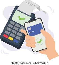 Contactless cashless payment with virtual credit card on mobile phone. Hand paying approve success with POS terminals and NFC technology. vector illustration isolated on white background.