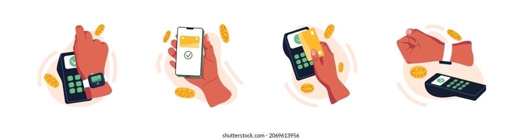 Contactless cashless payments with credit cards, mobile phone apps and smart watches. Hands paying with POS terminals and NFC technology. Flat graphic vector illustration isolated on white background
