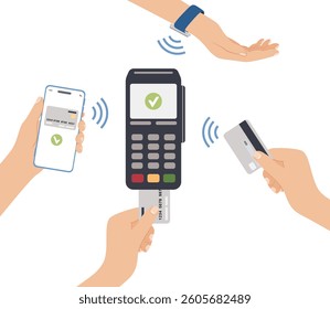 Contactless cashless payments with credit cards, mobile phone apps and smart watches. Hands paying with POS terminals and NFC technology. Hand drawn flat vector illustration.