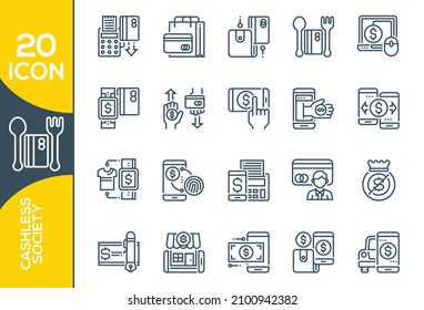 Contactless cashless society icon set vector illustration. Included the icons as blockchain, Robo-advisors,cashless society, crowdfunding, application, investing and more.Set of cashless society thin.