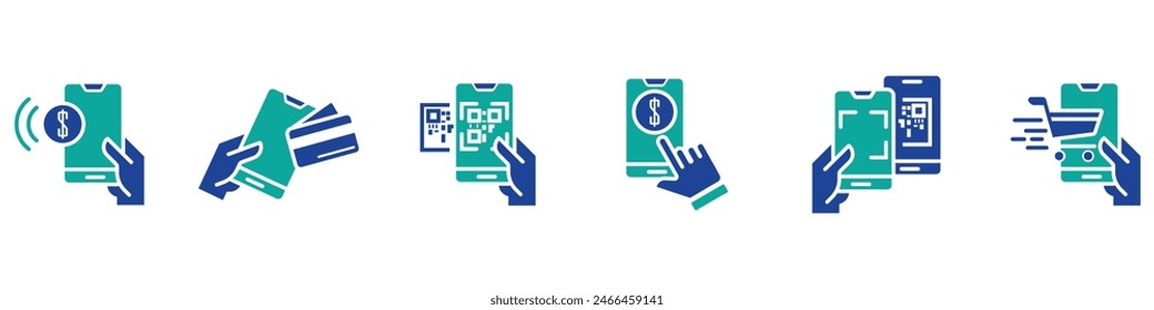 Contactless cashless society icon set vector illustration. Contains such icon as Scan QR code, NFC, Credit Card, Barcode, POS, Security Protection and more. Expanded Stroke