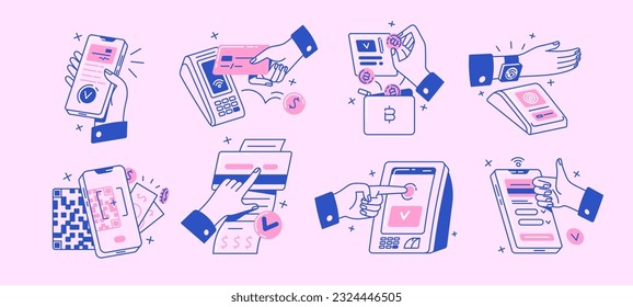 Contactless cashless wireless payment set. Hands paying with bank debit cards, POS terminal, QR scanner, mobile phone app and smart watch. Flat graphic vector illustration isolated on white background