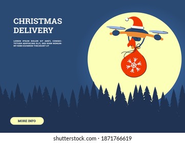 Contactless Christmas delivery. The drone carries a bag of gifts over the night forest. Background with the moon and place for text. Vector illustration