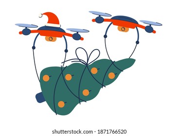 Contactless Christmas delivery. Drones carry a decorated fir tree. New Year isolated concept. Vector illustration