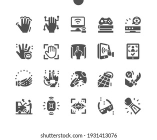berührungslose Steuerung. VR-Brille. berührungsloser Handscan. Unbemannte Fahrzeuge. Controller, Gerät, Industrie, Internet, Technologie, Arbeit und Chip. Vektor-Solid-Symbole. Einfaches Piktogramm